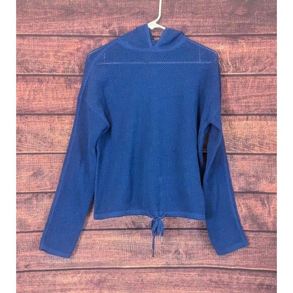 Sweaty Betty Mesh Knit Hoodie Womens M Blue Quartz Drawstring Hem Exercise Cover - Picture 1 of 7